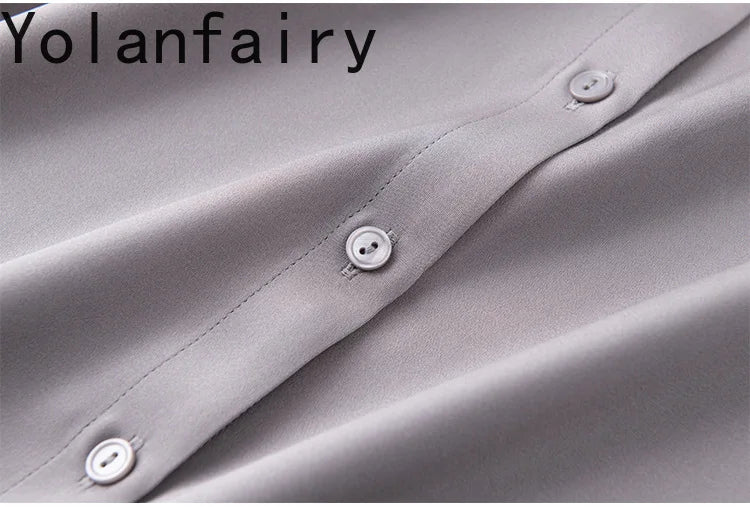 YOLANFAIRY 93% Natural Mulberry Silk Shirts Woman 2026 Stand Collar Long Sleeve Blouse Women Elegant White Shirt OL Ladies Tops