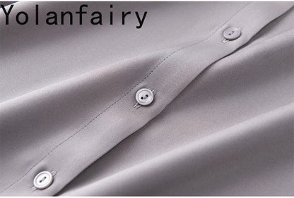 YOLANFAIRY 93% Natural Mulberry Silk Shirts Woman 2026 Stand Collar Long Sleeve Blouse Women Elegant White Shirt OL Ladies Tops
