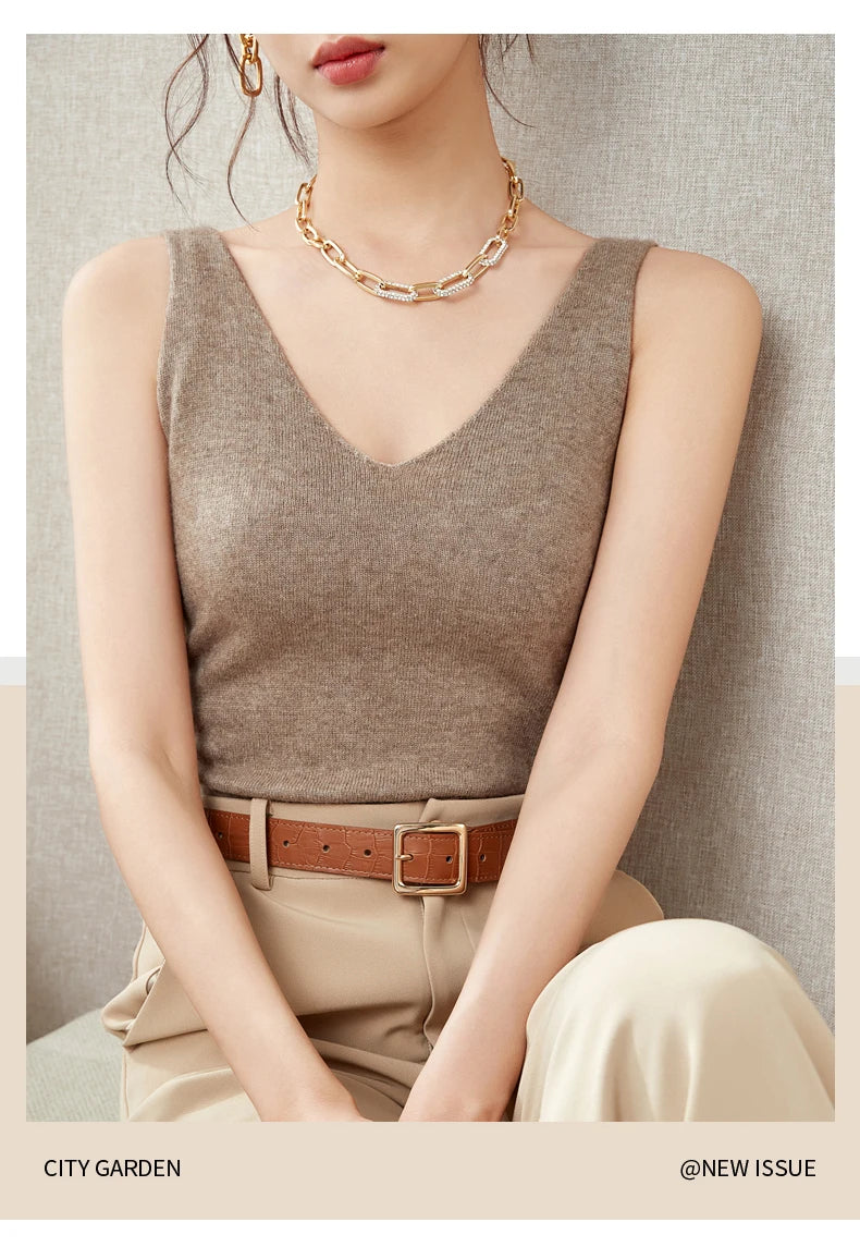 Women's Spring and Autumn 2026 New 100% Merino Wool V-Neck Pullover Knitted Suspender Casual Soft Inner Vest Women's Clothing