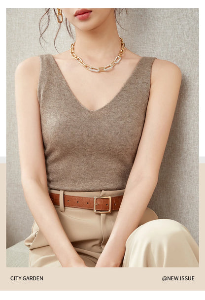 Women's Spring and Autumn 2026 New 100% Merino Wool V-Neck Pullover Knitted Suspender Casual Soft Inner Vest Women's Clothing