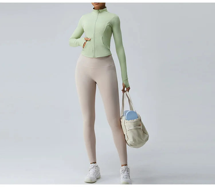 Gym Shirt Women's Full Zipper Yoga Top With Thumbholes Fitness Running Jacket Stretch Fit Long Sleeve Round Neck Top Sportswear