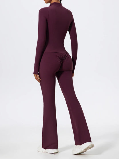 Hearuisavy Summer Half Zipper Yoga Suit Outdoor Workout Clothing Gym Set Women Flared Pants 2Pcs Sports Long Sleeves Shirt Suit