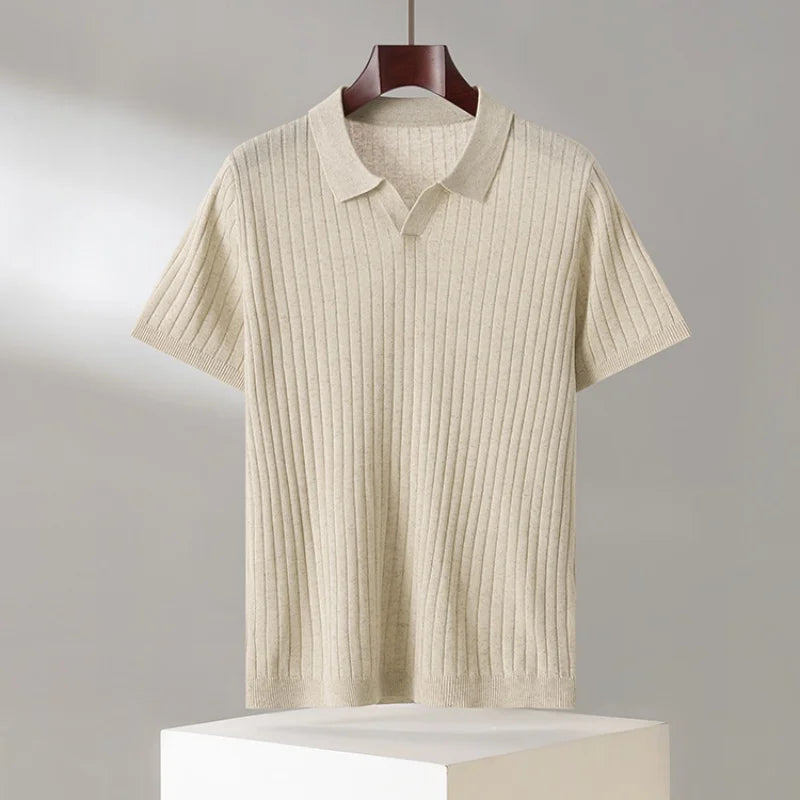Summer New Men's 100% Lyocell Scissor Collar Solid Color T-Shirt Knit Pullover Bussiness Casual Short-sleeved POLO Collar Tees