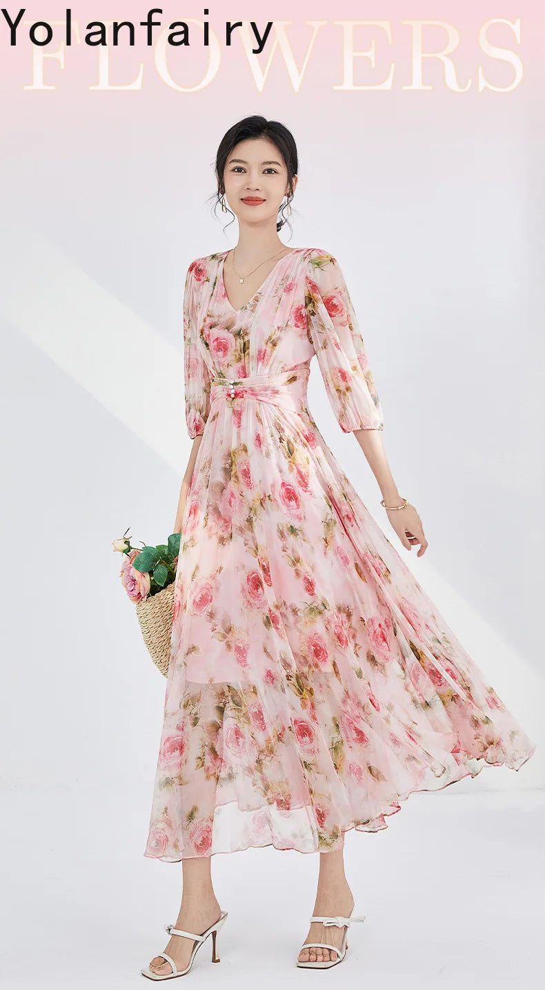 YOLANFAIRY 100% Real Silk Floral Dresses Woman Summer Clothes Elegant Mulberry Silk Pink Dress Romantic Women's Birthday Dress