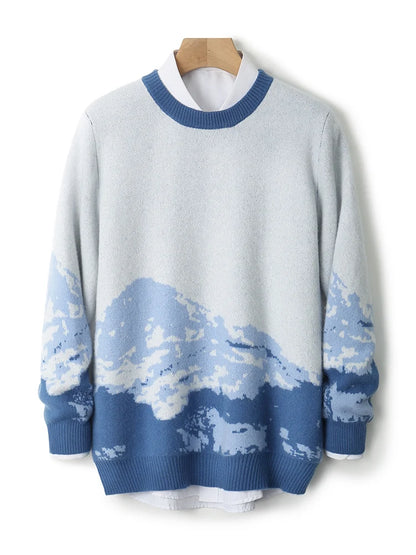 Autumn/Winter New 100% Merino Wool Knit Sweater Men's O-Neck Color Block Cashmere Pullover Business Casual Thick Long-Sleeved