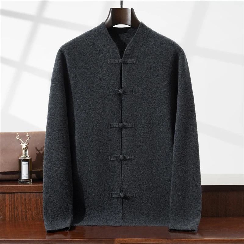 100%Pure Wool Chinese style buckle Cardigan Men Sweater Casual Comfort Knitted Long Sleeve Men's Wool Sweater Spring Autumn Coat