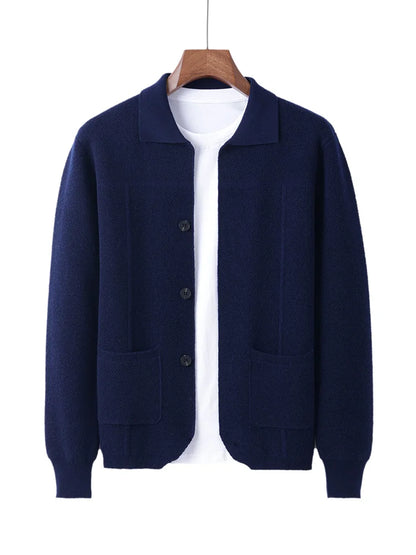 100% Merino Wool Men's Lapel Collar Knit Cardigan Autumn Winter Thicken Solid Color POLO Neck Suit Shirt Cashmere Jacket Sweater