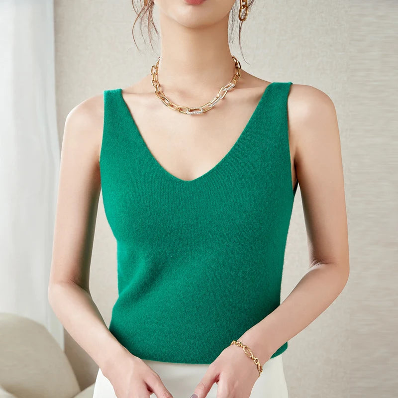 Women's Spring and Autumn 2026 New 100% Merino Wool V-Neck Pullover Knitted Suspender Casual Soft Inner Vest Women's Clothing