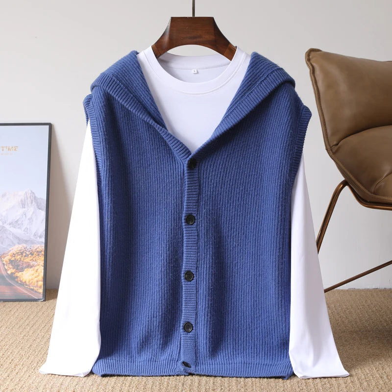 2025 Autumn/Winter Men's Vest 100% Merino Wool Knit Hooded Cardigan Casual Loose Sleeveless Solid Color Men's Cashmere Sweater