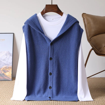 2025 Autumn/Winter Men's Vest 100% Merino Wool Knit Hooded Cardigan Casual Loose Sleeveless Solid Color Men's Cashmere Sweater