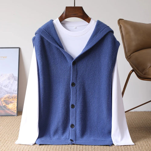 2025 Autumn/Winter Men's Vest 100% Merino Wool Knit Hooded Cardigan Casual Loose Sleeveless Solid Color Men's Cashmere Sweater