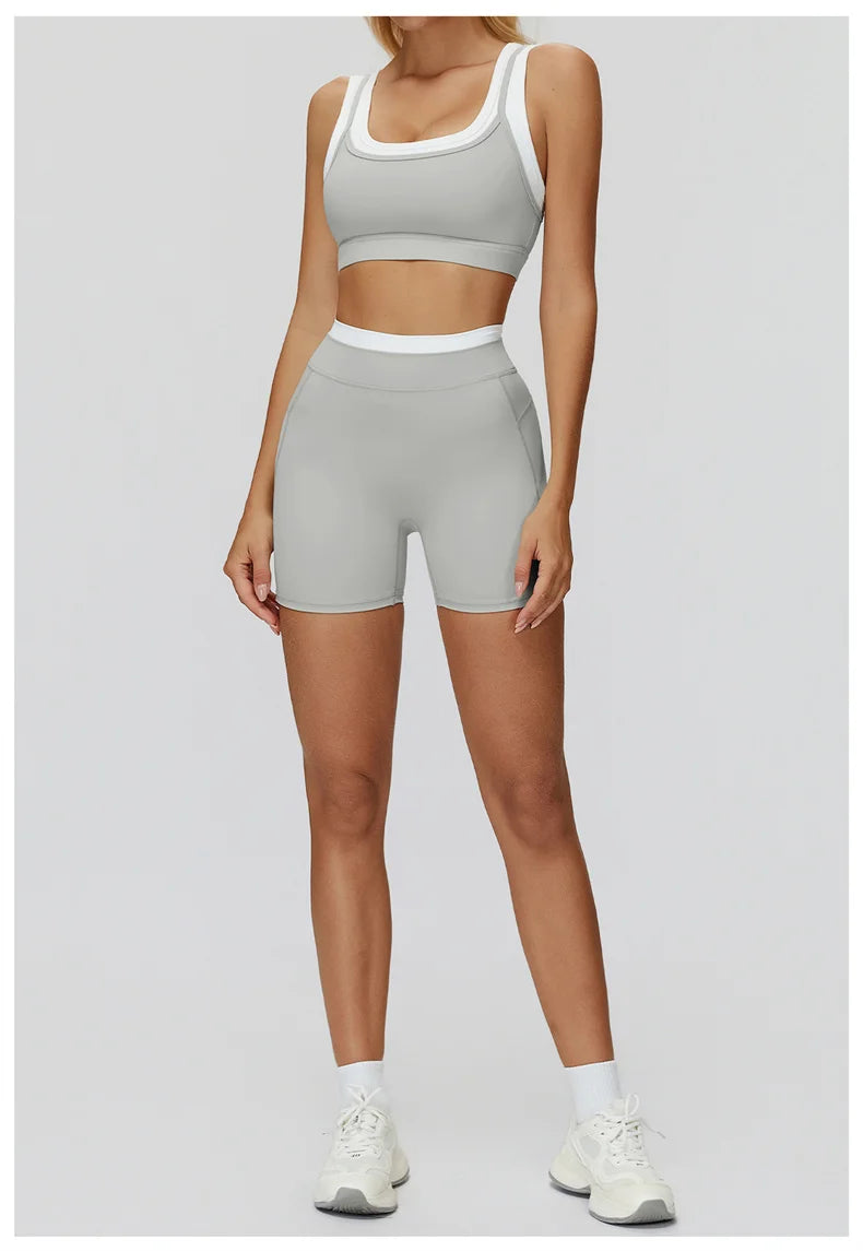 TRY TO BN Yoga Shorts Sets Women's Tracksuit Two Fake Pieces Sports Ribbed Contrasting Color Workout Running Fitness Gym Clothes
