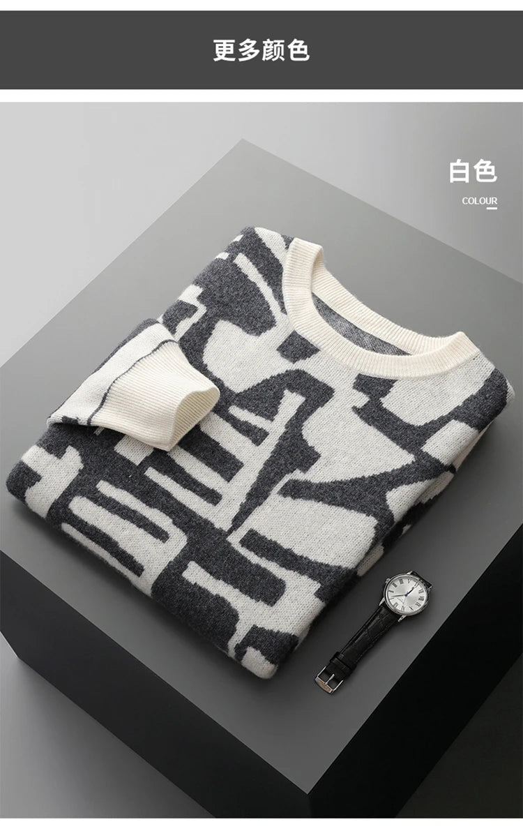 New Men's Sweater 100% Cashmere Autumn Winter Fashion Knitted Jacquard Pullover Color blocked O-Neck Thickened Men's Wear Top