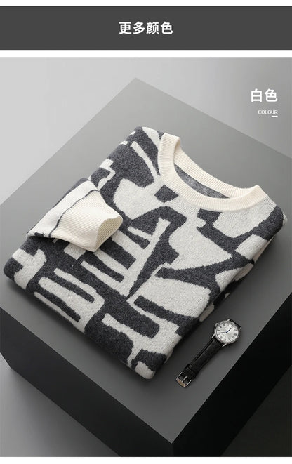 New Men's Sweater 100% Cashmere Autumn Winter Fashion Knitted Jacquard Pullover Color blocked O-Neck Thickened Men's Wear Top