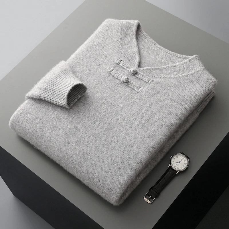 New Chinese Style Men's Pullover 100% Pure Wool Knit Sweater Autumn Winter Retro Stand Collar Long Sleeve Fashion Cashmere Tops