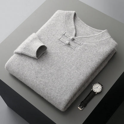 New Chinese Style Men's Pullover 100% Pure Wool Knit Sweater Autumn Winter Retro Stand Collar Long Sleeve Fashion Cashmere Tops