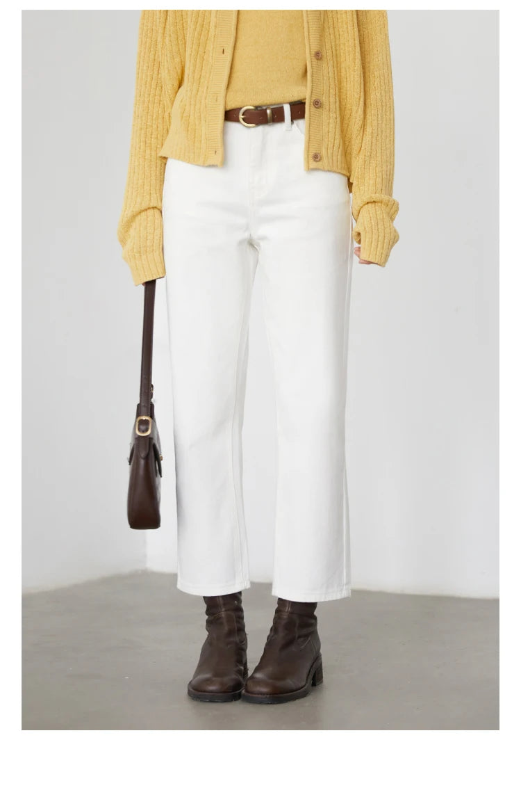 CHIC VEN Women Pants White Slim High Waisted Cotton Straight Leg Casual Slim Leg Jeans Girl Trouser Spring Autumn 2025