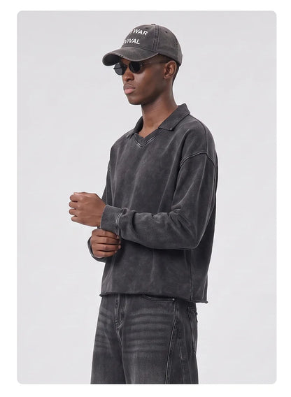 Custom LOGO men's clothing 380G old money wind 100% cotton BOXY short and wide washed old small V-neck curling terry sweater