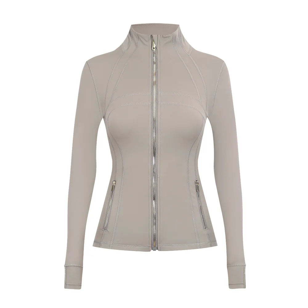 Personalized LOGO custom women's gold zip jacket tight stand-up collar quick-drying fitness running yoga suit 41-color S-3XL top