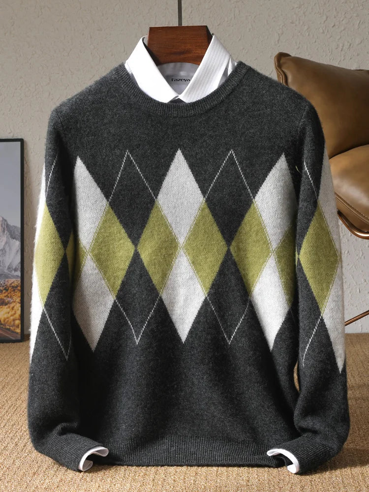 Autumn Winter New Men's Cashmere Sweater Thickened Round Neck Pullover With Contrast Color Loose Casual Knitted100% Wool Sweater