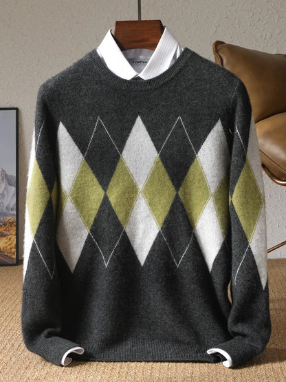 Autumn Winter New Men's Cashmere Sweater Thickened Round Neck Pullover With Contrast Color Loose Casual Knitted100% Wool Sweater