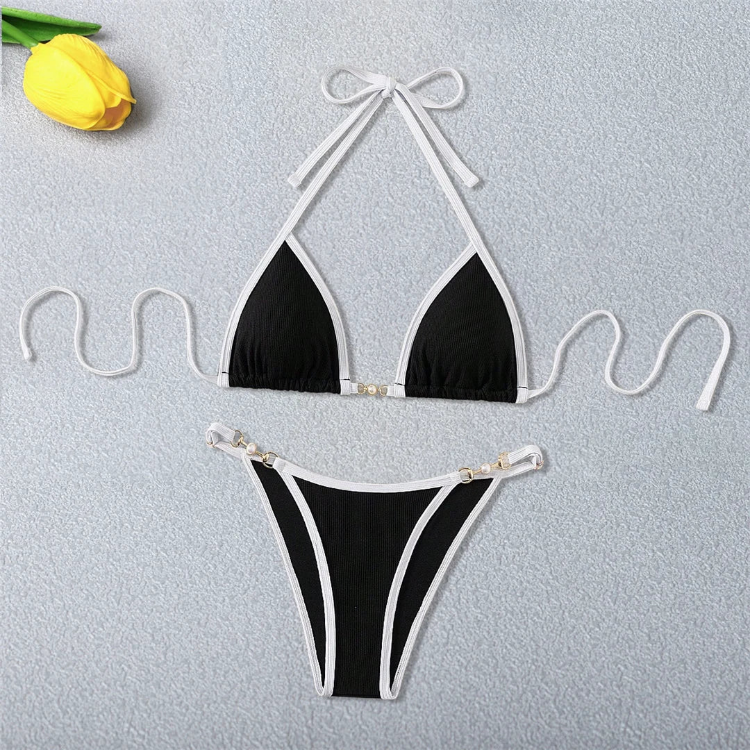 Black White Pearls High Cut Bikini Female Swimsuit Women Swimwear Two-pieces Bikini set Ribbed Bather Bathing Suit Swim V6315