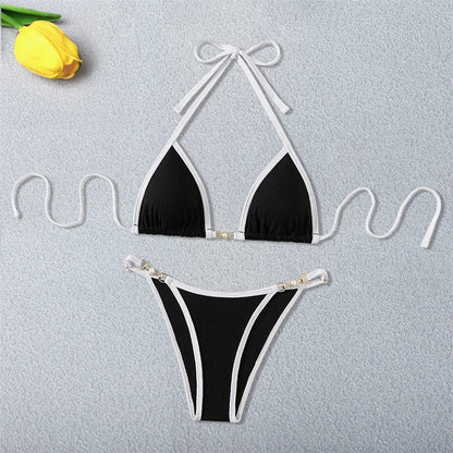 Black White Pearls High Cut Bikini Female Swimsuit Women Swimwear Two-pieces Bikini set Ribbed Bather Bathing Suit Swim V6315