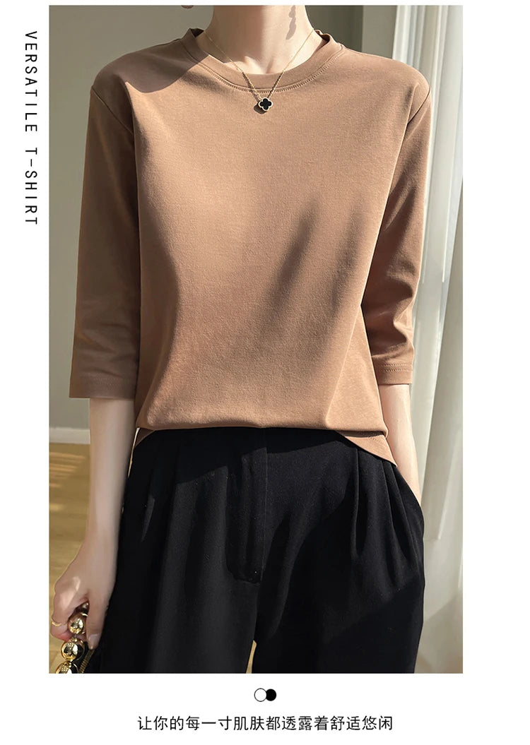 Spring And Summer New White Mercerized Cotton Short Sleeve T-Shirt Feminine Joker Cotton Cropped Sleeve Bottoming Shirt