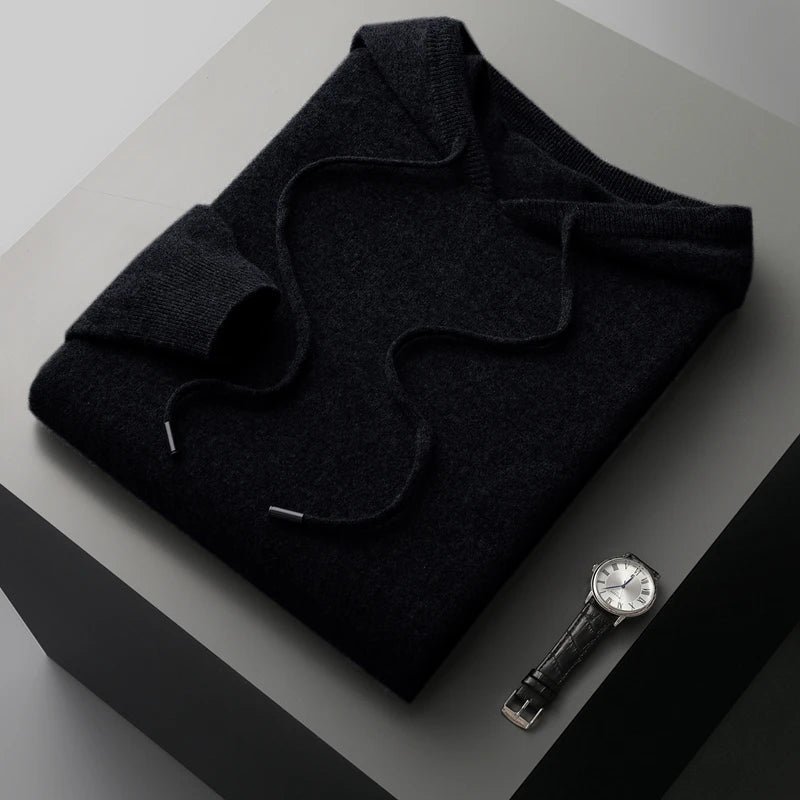 Men's 100% Merino Wool Sweater Hooded Collar Knitted Pullover Cashmere Sweatshirt Autumn Winter Casual Large Tops Long Sleeved