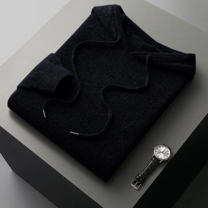 Men's 100% Merino Wool Sweater Hooded Collar Knitted Pullover Cashmere Sweatshirt Autumn Winter Casual Large Tops Long Sleeved