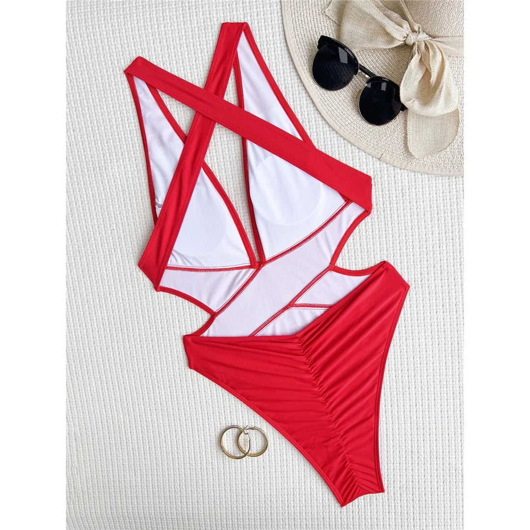 S - XL Deep V Neck Cross Back One Piece Swimsuit Women Swimwear Female High Leg Cut Scrunch Butt Bather Bathing Suit Swim V5723