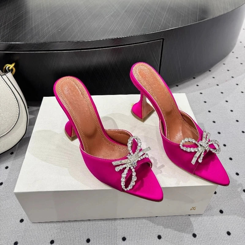 New Bow Rhinestone High-heeled Sandals Sexy Open-toed Fish Mouth Pointed Rear Empty Cool Slippers Women
