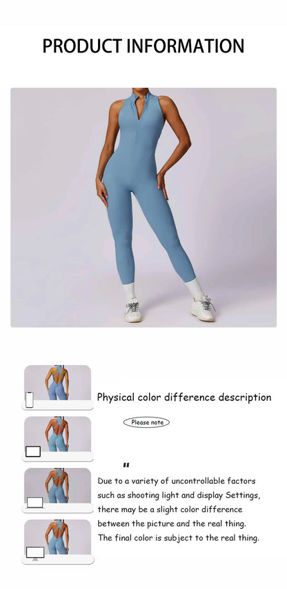 Summer V Back One-piece Suit Women Sports Jumpsuit Zippers Yoga Rompers Backless Sportswear Women Sleeveles Workout Bodysuits