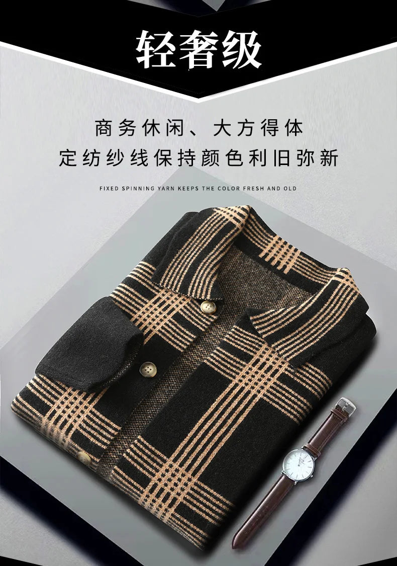 100% Merino Wool Men's Lapel Collar Knit Cardigan Coat 2025 Spring/ Autumn New POLO Neck Grid Suit Shirt Cashmere Jacket Sweater