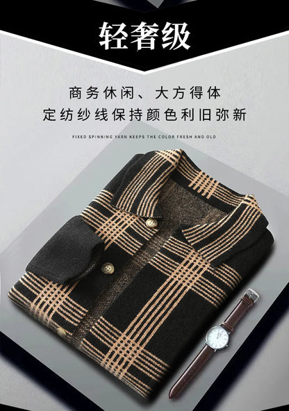 100% Merino Wool Men's Lapel Collar Knit Cardigan Coat 2025 Spring/ Autumn New POLO Neck Grid Suit Shirt Cashmere Jacket Sweater