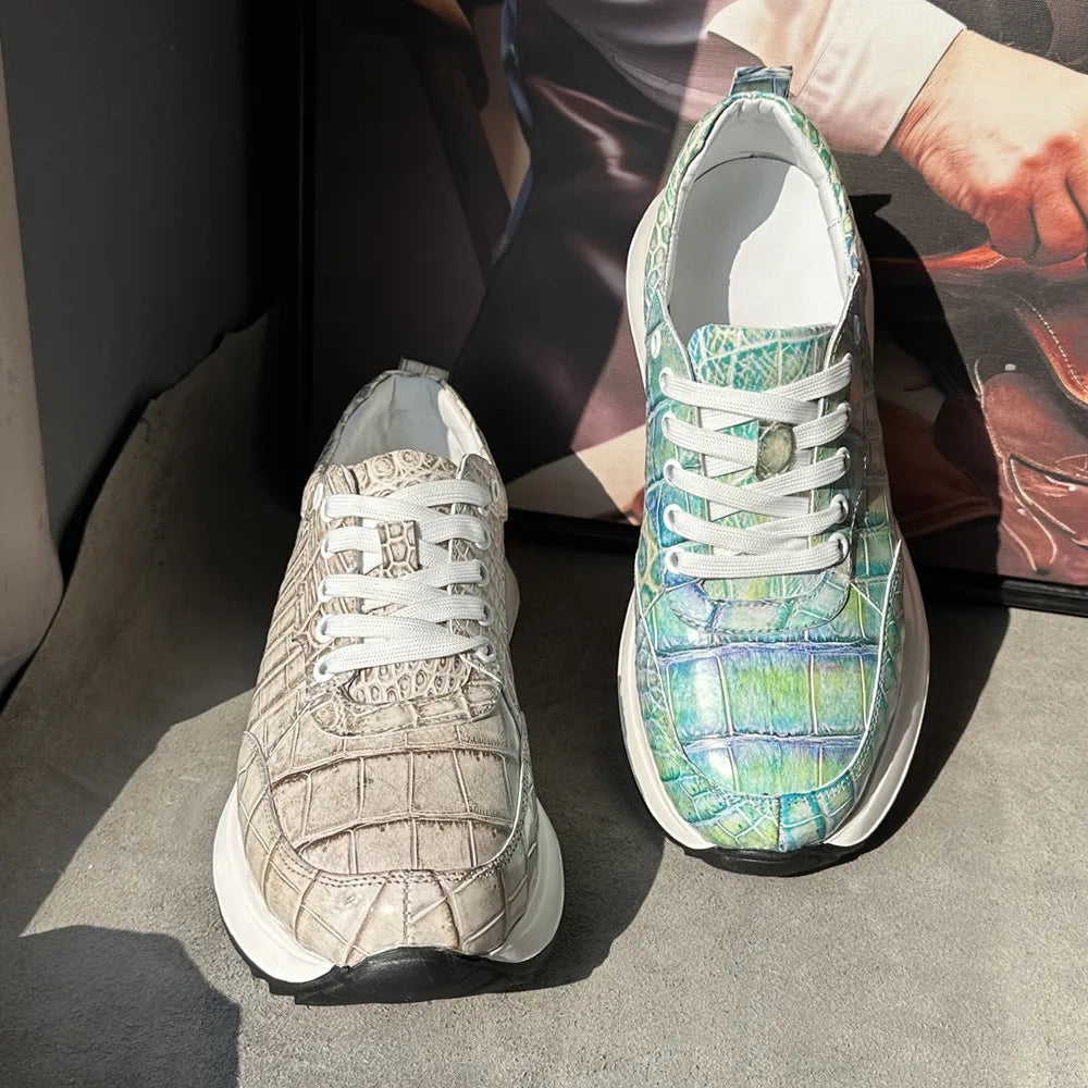 Designer real crocodile leather hand-painted aurora blue men's fashion sneakers crocodile leather men's lace-up casual shoes