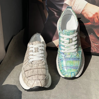 Designer real crocodile leather hand-painted aurora blue men's fashion sneakers crocodile leather men's lace-up casual shoes