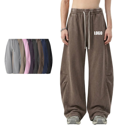 Custom LOGO Men's 320G retro fried snowflake 100% cotton high street scimitar straight tube old loose straight trousers