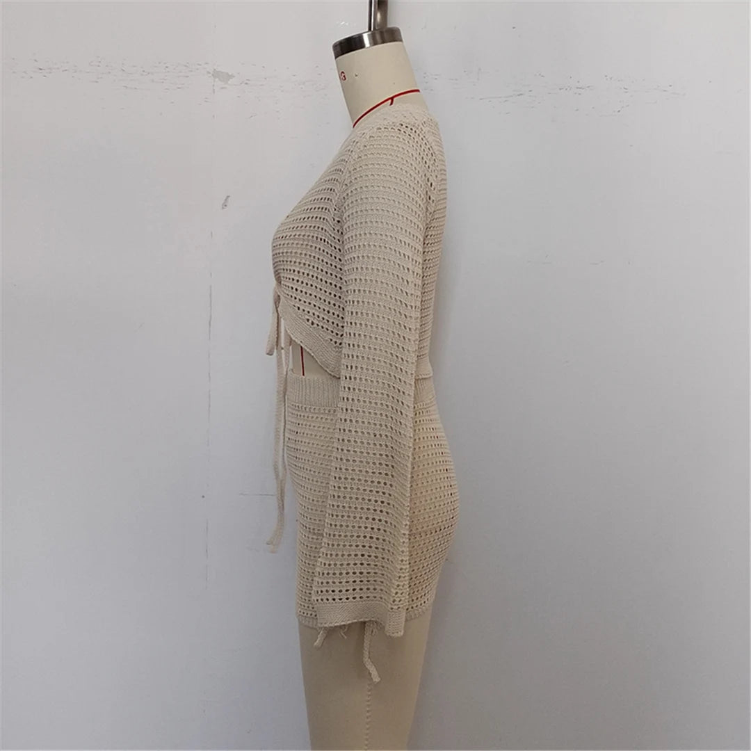 V Neck Long Sleeve Crochet Knitted 2 Pieces Suits Beach Cover Up Cover-ups Beach Dress Beach Wear Beachwear Female Women V6490