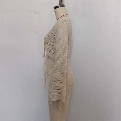 V Neck Long Sleeve Crochet Knitted 2 Pieces Suits Beach Cover Up Cover-ups Beach Dress Beach Wear Beachwear Female Women V6490