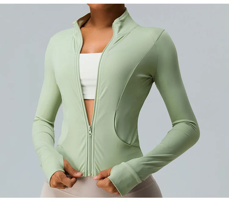 Gym Shirt Women's Full Zipper Yoga Top With Thumbholes Fitness Running Jacket Stretch Fit Long Sleeve Round Neck Top Sportswear
