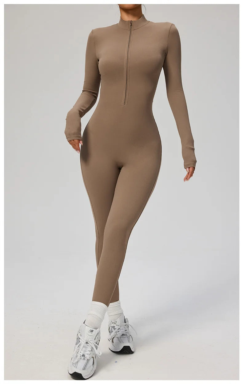 TRY TO BN Women's Jumpsuit Long Sleeve Zipper Shapewear Bodysuit Yoga Fitness One Piece Tights Gym Clothing Mono Deportivo Mujer