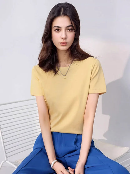 SuyaDream Women Solid T shirts, Silk Cotton Blend, O Neck, Short Sleeved Solid Tee,2025 Summer Candy Colors Basic Cozy Top Green