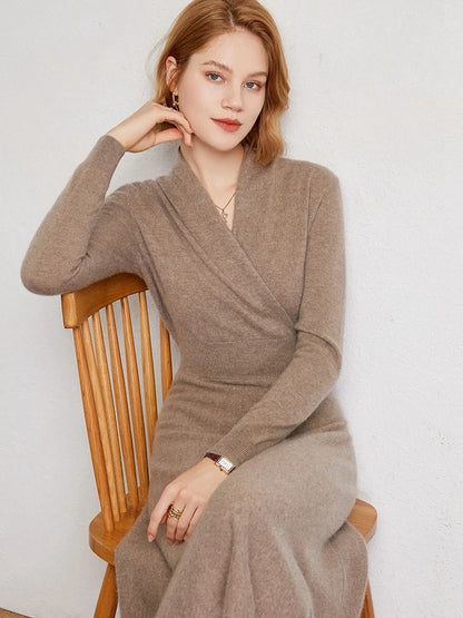 CHICUU Women 100% Cashmere Dresses V-neck Waist Cinching Dresses Autumn Winter Office Lady Grace Luxury Cashmere Knitwear