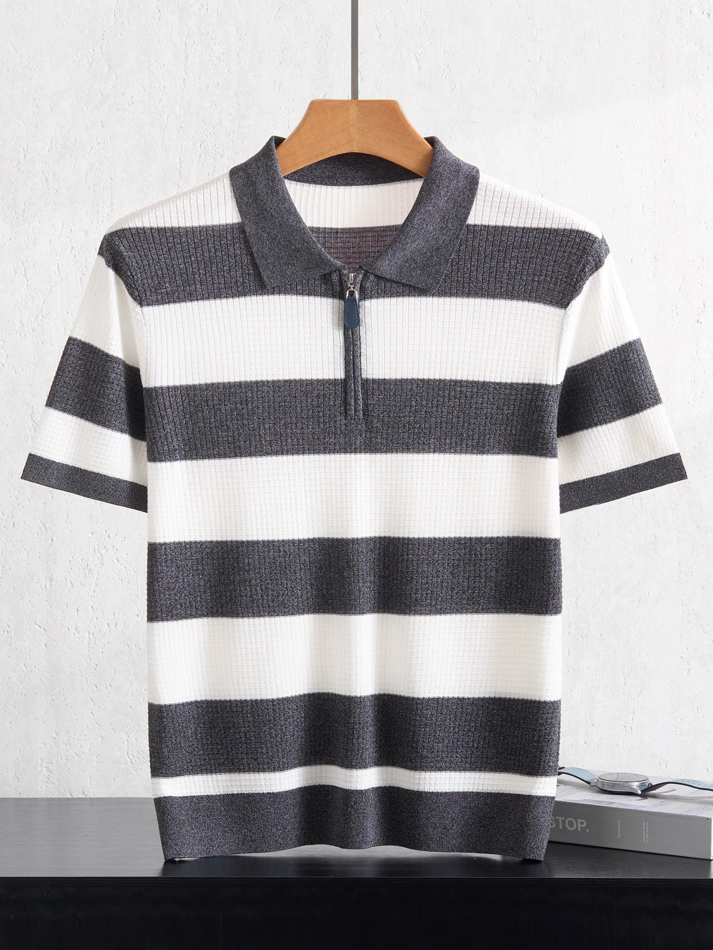 Men's 100% Lyocell POLO Collar Striped T-Shirt Knit Pullover Summer New Bussiness Casual Half-zip Short-sleeved Jumper Menswear