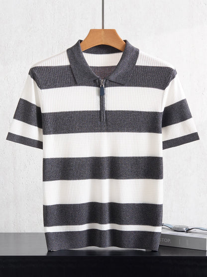 Men's 100% Lyocell POLO Collar Striped T-Shirt Knit Pullover Summer New Bussiness Casual Half-zip Short-sleeved Jumper Menswear