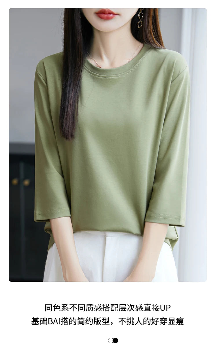 Spring And Summer New White Mercerized Cotton Short Sleeve T-Shirt Feminine Joker Cotton Cropped Sleeve Bottoming Shirt
