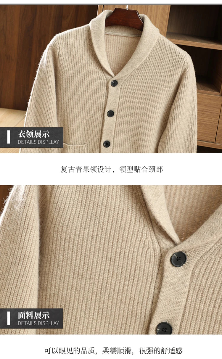 Men High Quality Polo Collar Cardigan Autumn Winter Thick Buttons 100% Merino Wool Sweater Smart Casual Coat Cashmere Knitwear