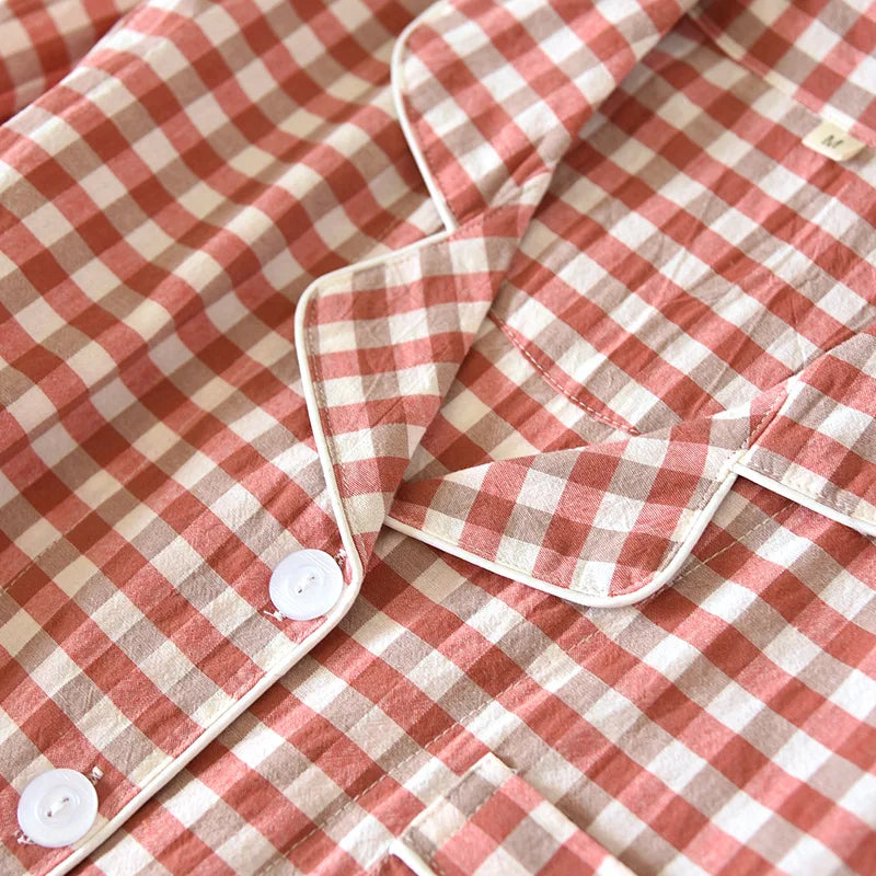 2026 New Japanese Spring and Autumn Couple Pajama Set 100% Cotton Men's and Women's Plaid Long Sleeve Two Piece Home Furnishing