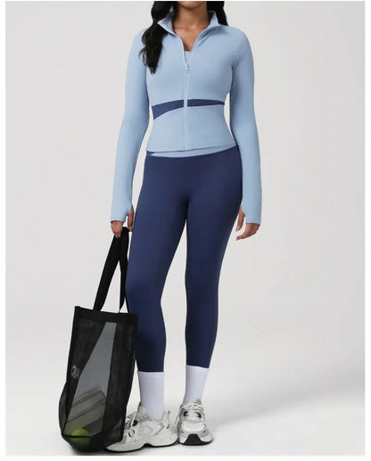 New Women's Color-Block Yoga Outfit Set Back Beauty Fitness Tank Top Long Sleeve Coat Hip-Lifting Leggings Running Fitness Set